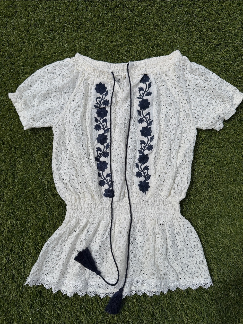 White Lace Embroidered Peasant Blouse with Navy Accents